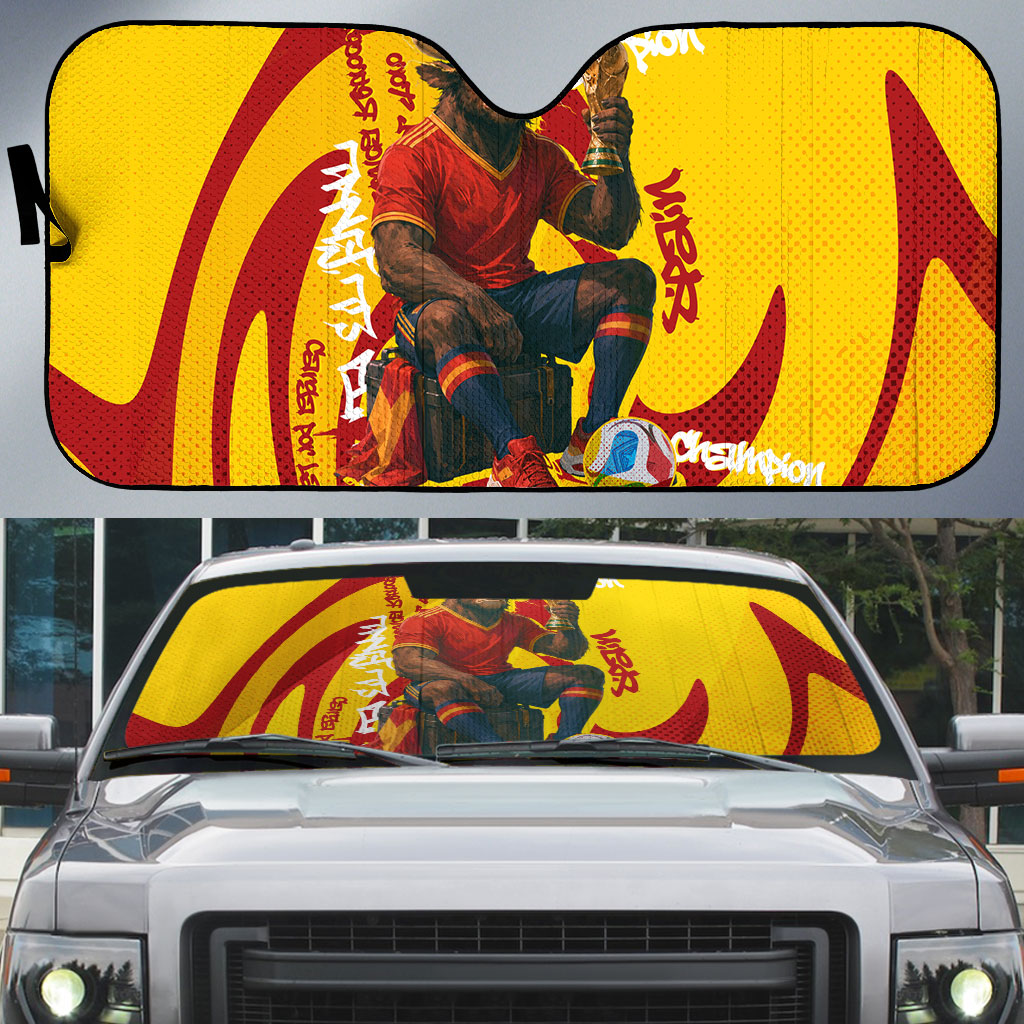 Spain Football Bull Mascot Auto Sun Shade Spanish Pride Champion Soccer Trophy Graffiti