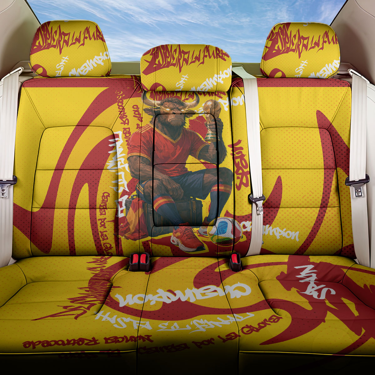 Spain Football Bull Mascot Back Car Seat Cover Spanish Pride Champion Soccer Trophy Graffiti