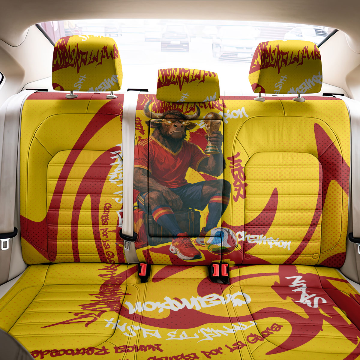 Spain Football Bull Mascot Back Car Seat Cover Spanish Pride Champion Soccer Trophy Graffiti