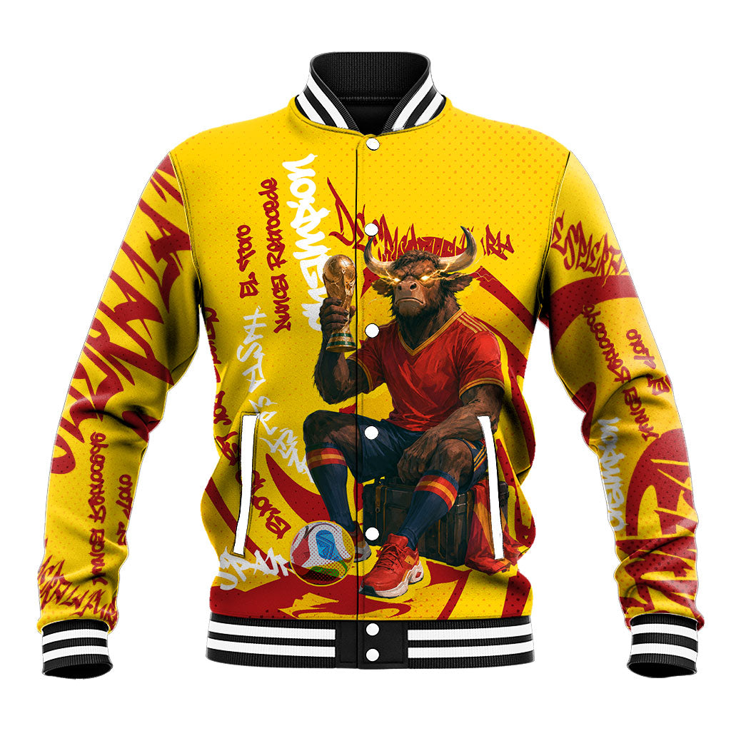 Spain Football Bull Mascot Baseball Jacket Spanish Pride Champion Soccer Trophy Graffiti