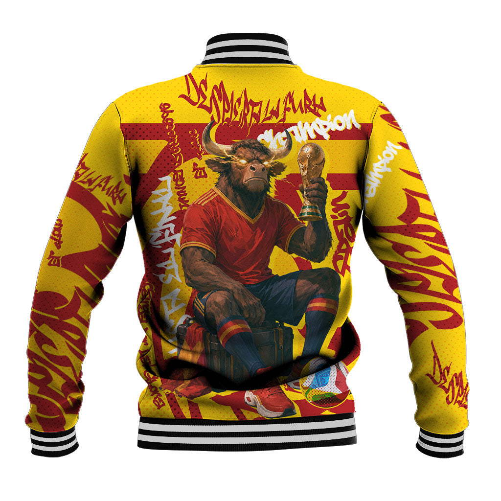 Spain Football Bull Mascot Baseball Jacket Spanish Pride Champion Soccer Trophy Graffiti