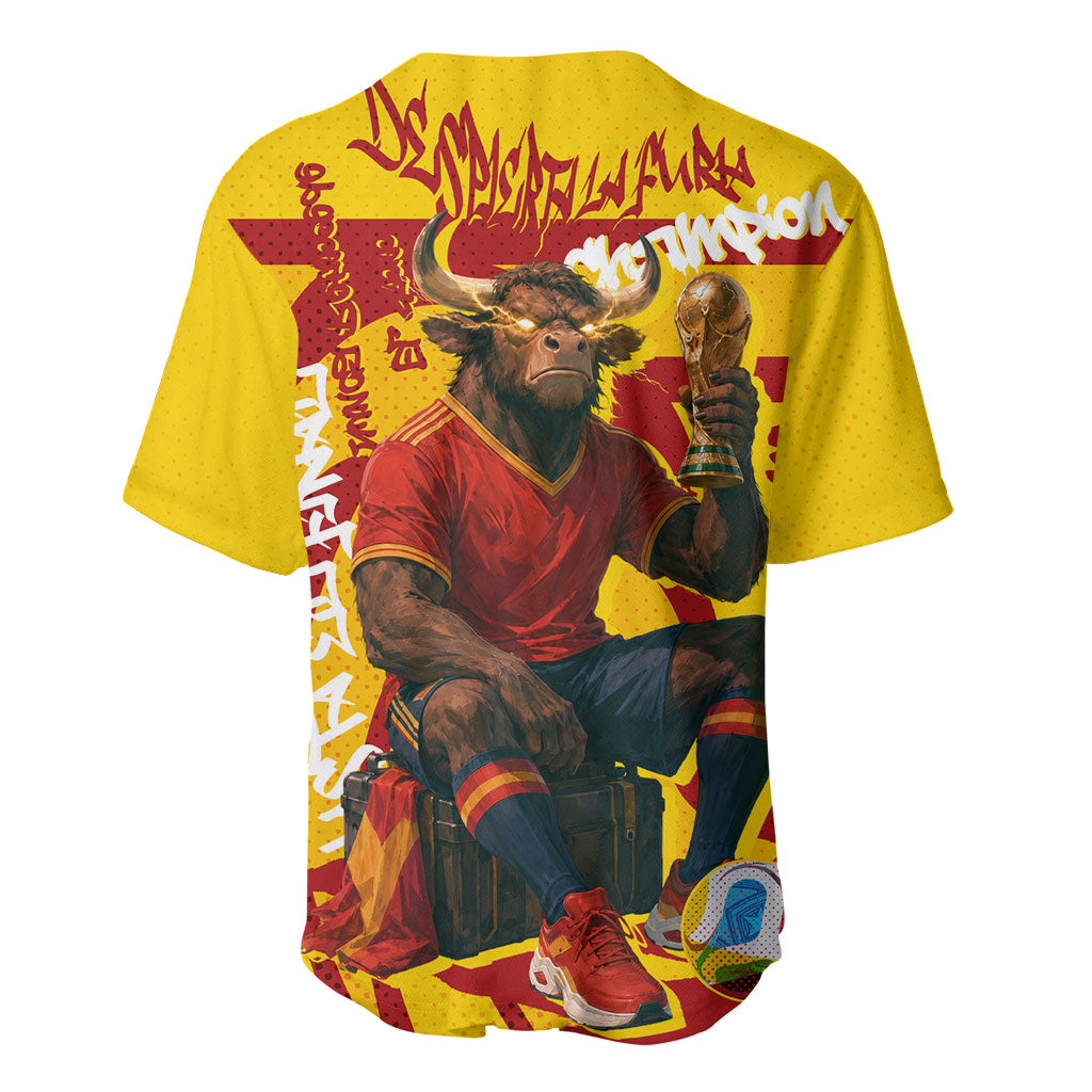Spain Football Bull Mascot Baseball Jersey Spanish Pride Champion Soccer Trophy Graffiti