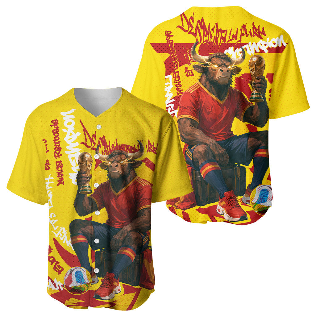 Spain Football Bull Mascot Baseball Jersey Spanish Pride Champion Soccer Trophy Graffiti