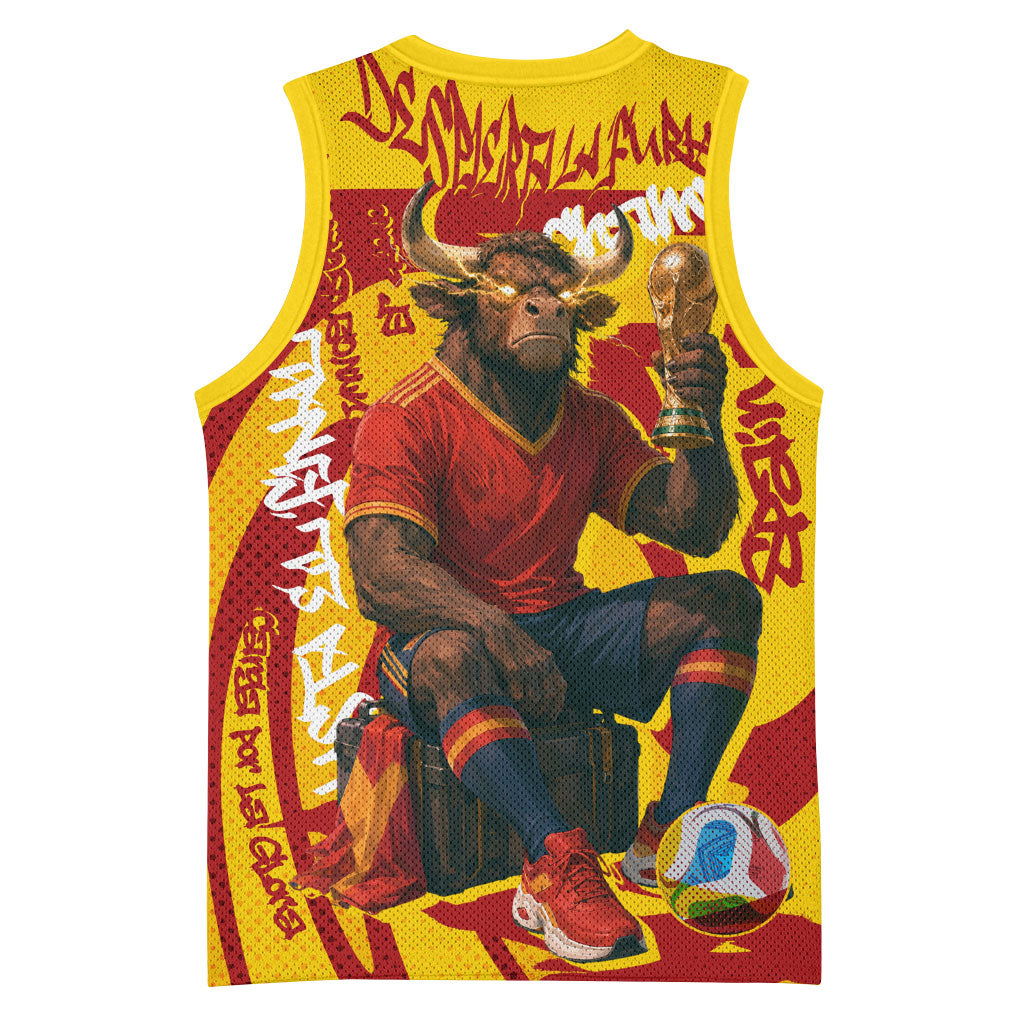 Spain Football Bull Mascot Basketball Jersey Spanish Pride Champion Soccer Trophy Graffiti