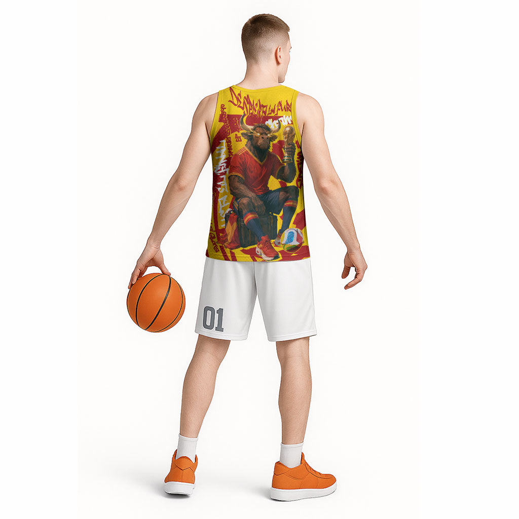 Spain Football Bull Mascot Basketball Jersey Spanish Pride Champion Soccer Trophy Graffiti