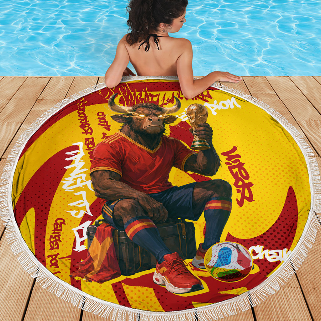 Spain Football Bull Mascot Beach Blanket Spanish Pride Champion Soccer Trophy Graffiti