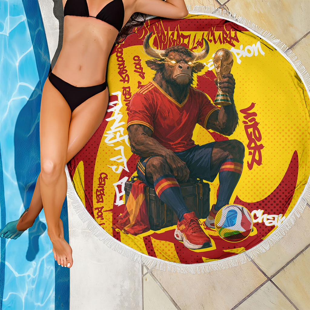 Spain Football Bull Mascot Beach Blanket Spanish Pride Champion Soccer Trophy Graffiti