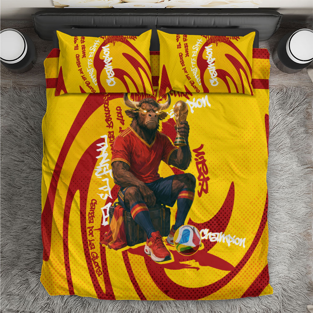 Spain Football Bull Mascot Bedding Set Spanish Pride Champion Soccer Trophy Graffiti