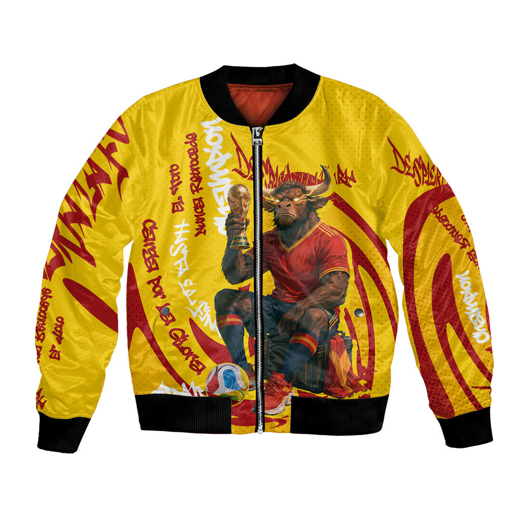 Spain Football Bull Mascot Bomber Jacket Spanish Pride Champion Soccer Trophy Graffiti