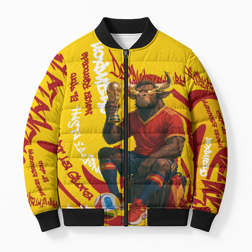 Spain Football Bull Mascot Bomber Puffer Jacket Spanish Pride Champion Soccer Trophy Graffiti