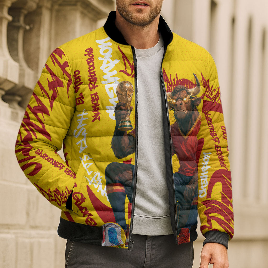 Spain Football Bull Mascot Bomber Puffer Jacket Spanish Pride Champion Soccer Trophy Graffiti