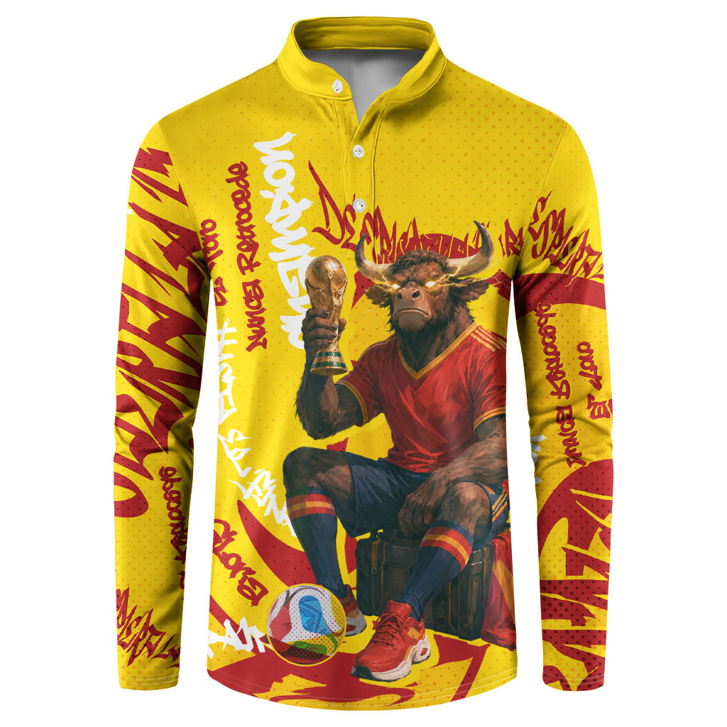 Spain Football Bull Mascot Button Sweatshirt Spanish Pride Champion Soccer Trophy Graffiti