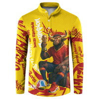 Spain Football Bull Mascot Button Sweatshirt Spanish Pride Champion Soccer Trophy Graffiti