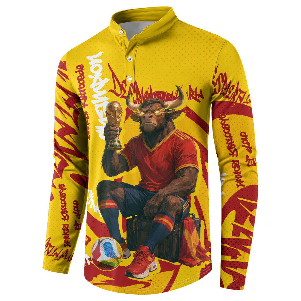 Spain Football Bull Mascot Button Sweatshirt Spanish Pride Champion Soccer Trophy Graffiti