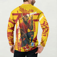 Spain Football Bull Mascot Button Sweatshirt Spanish Pride Champion Soccer Trophy Graffiti