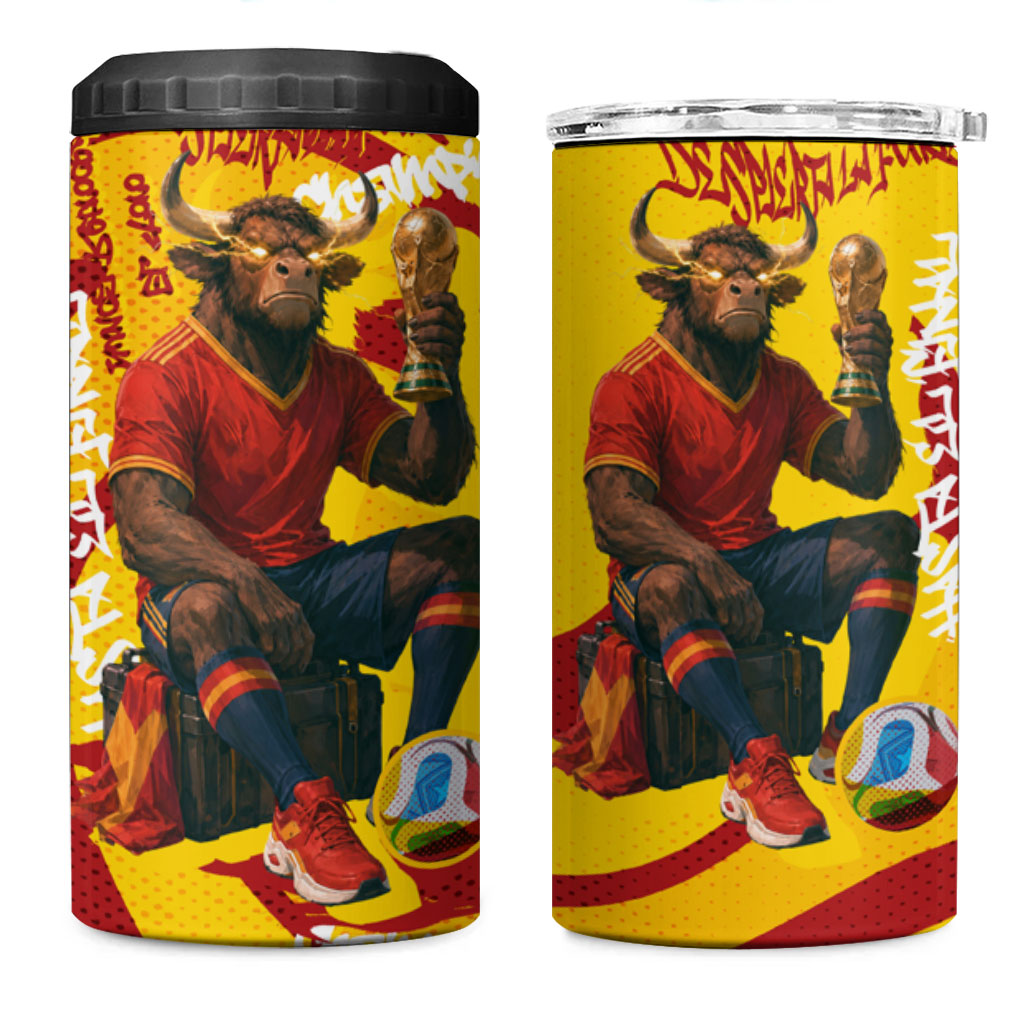 Spain Football Bull Mascot 4 in 1 Can Cooler Tumbler Spanish Pride Champion Soccer Trophy Graffiti