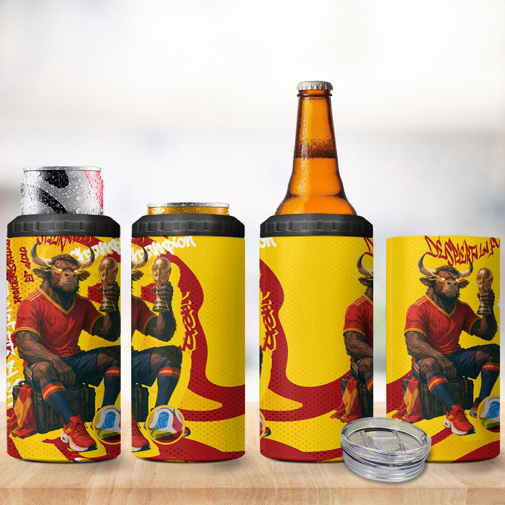 Spain Football Bull Mascot 4 in 1 Can Cooler Tumbler Spanish Pride Champion Soccer Trophy Graffiti
