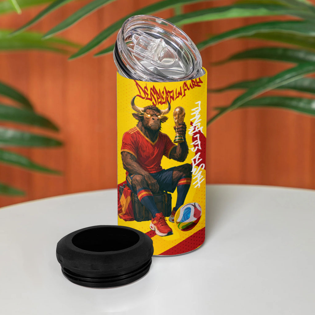 Spain Football Bull Mascot 4 in 1 Can Cooler Tumbler Spanish Pride Champion Soccer Trophy Graffiti
