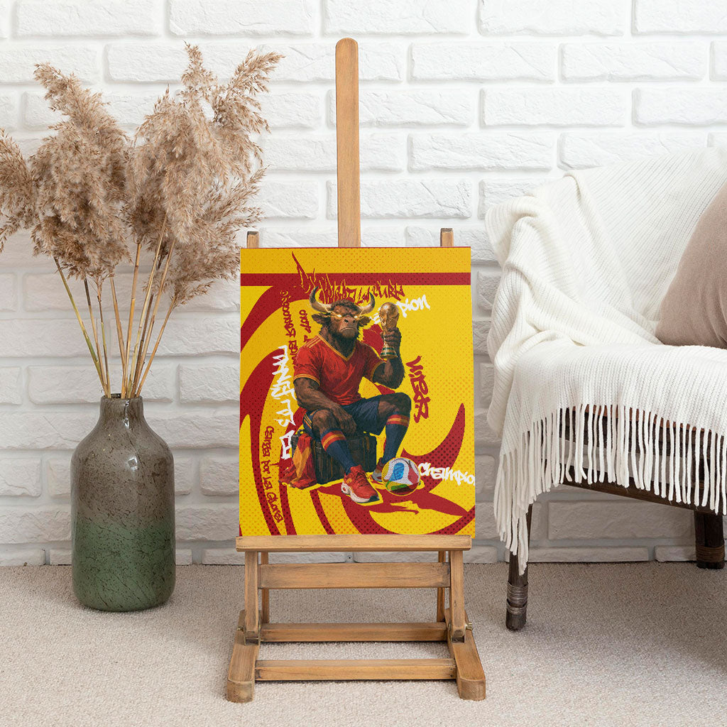 Spain Football Bull Mascot Canvas Wall Art Spanish Pride Champion Soccer Trophy Graffiti