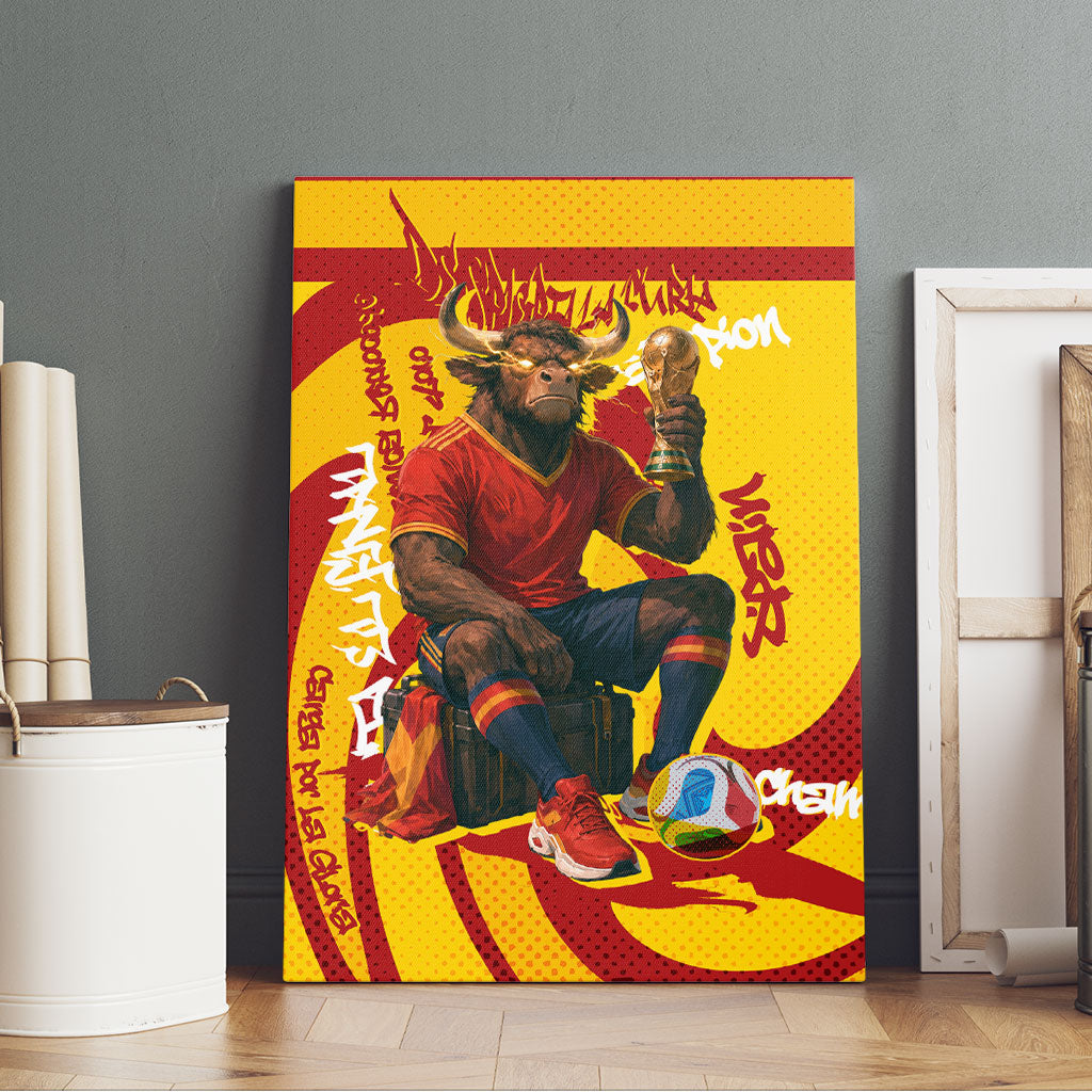 Spain Football Bull Mascot Canvas Wall Art Spanish Pride Champion Soccer Trophy Graffiti