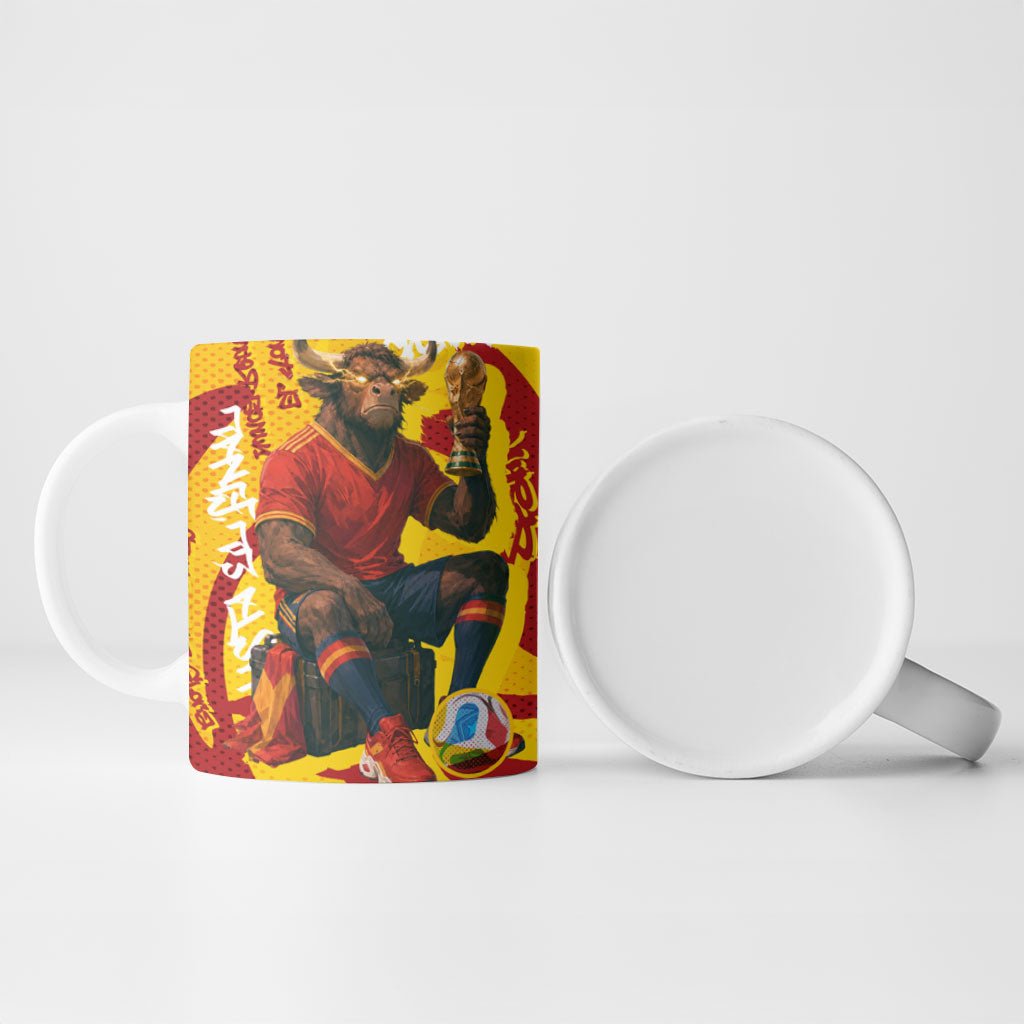 Spain Football Bull Mascot Ceramic Mug Spanish Pride Champion Soccer Trophy Graffiti