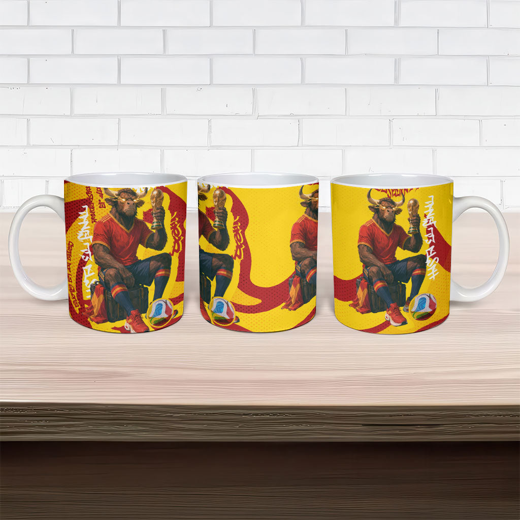 Spain Football Bull Mascot Ceramic Mug Spanish Pride Champion Soccer Trophy Graffiti