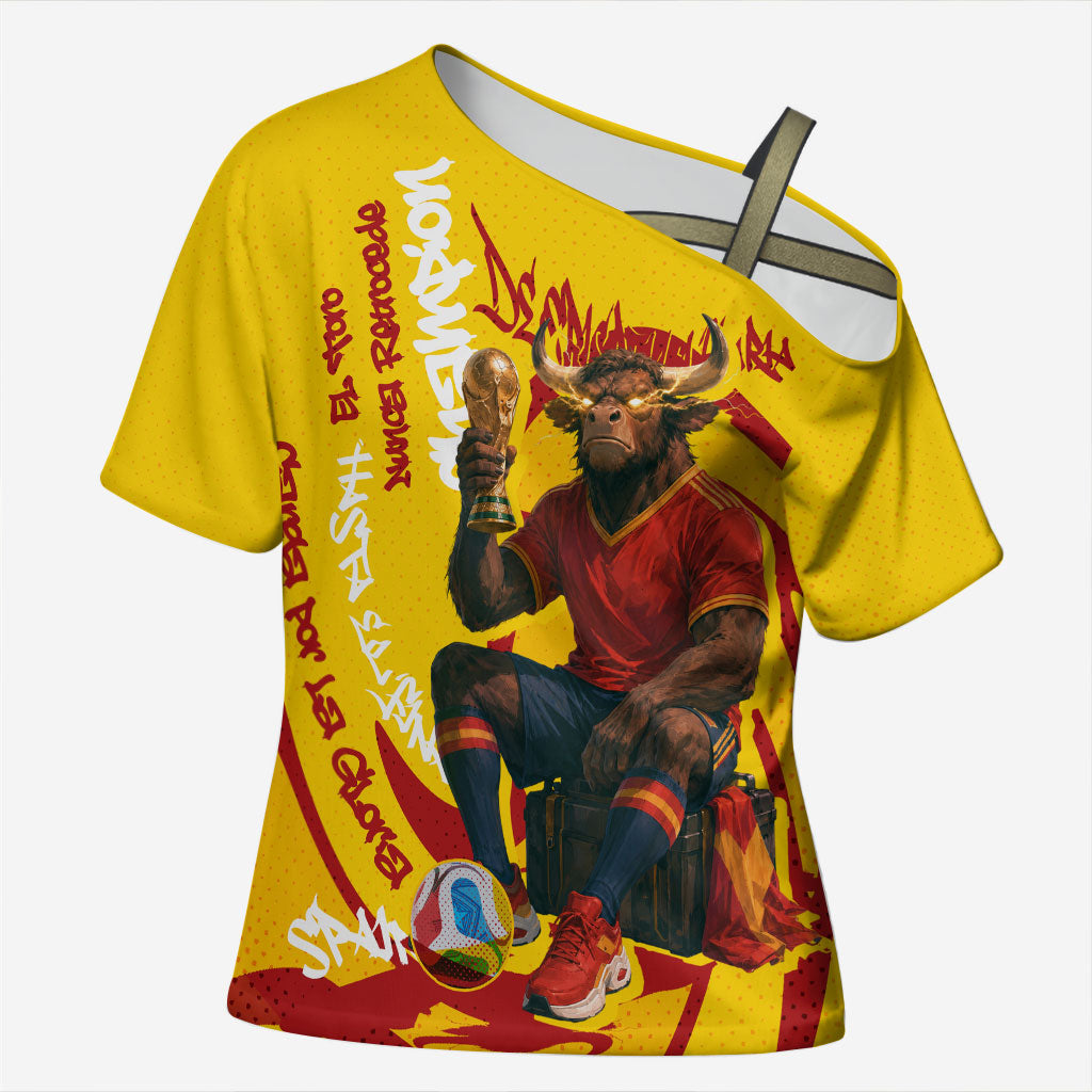 Spain Football Bull Mascot Cross Shoulder Shirt Spanish Pride Champion Soccer Trophy Graffiti