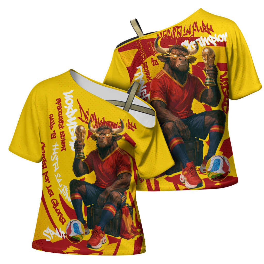 Spain Football Bull Mascot Cross Shoulder Shirt Spanish Pride Champion Soccer Trophy Graffiti