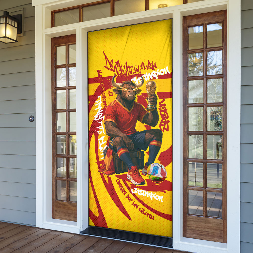 Spain Football Bull Mascot Door Cover Spanish Pride Champion Soccer Trophy Graffiti