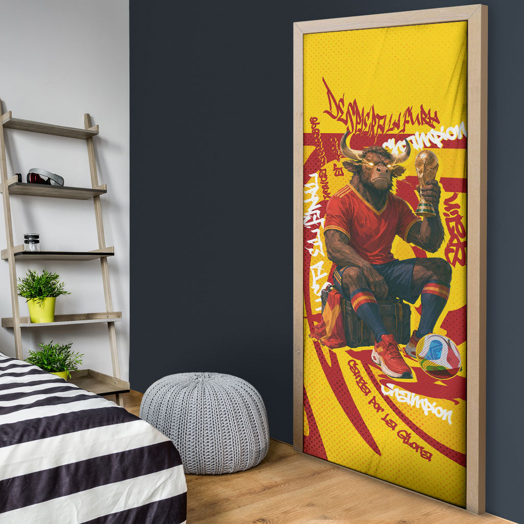 Spain Football Bull Mascot Door Cover Spanish Pride Champion Soccer Trophy Graffiti