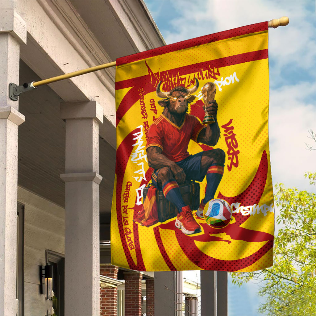 Spain Football Bull Mascot Garden Flag Spanish Pride Champion Soccer Trophy Graffiti