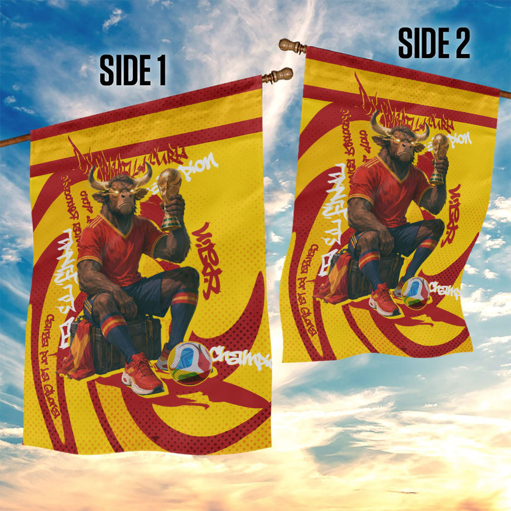 Spain Football Bull Mascot Garden Flag Spanish Pride Champion Soccer Trophy Graffiti
