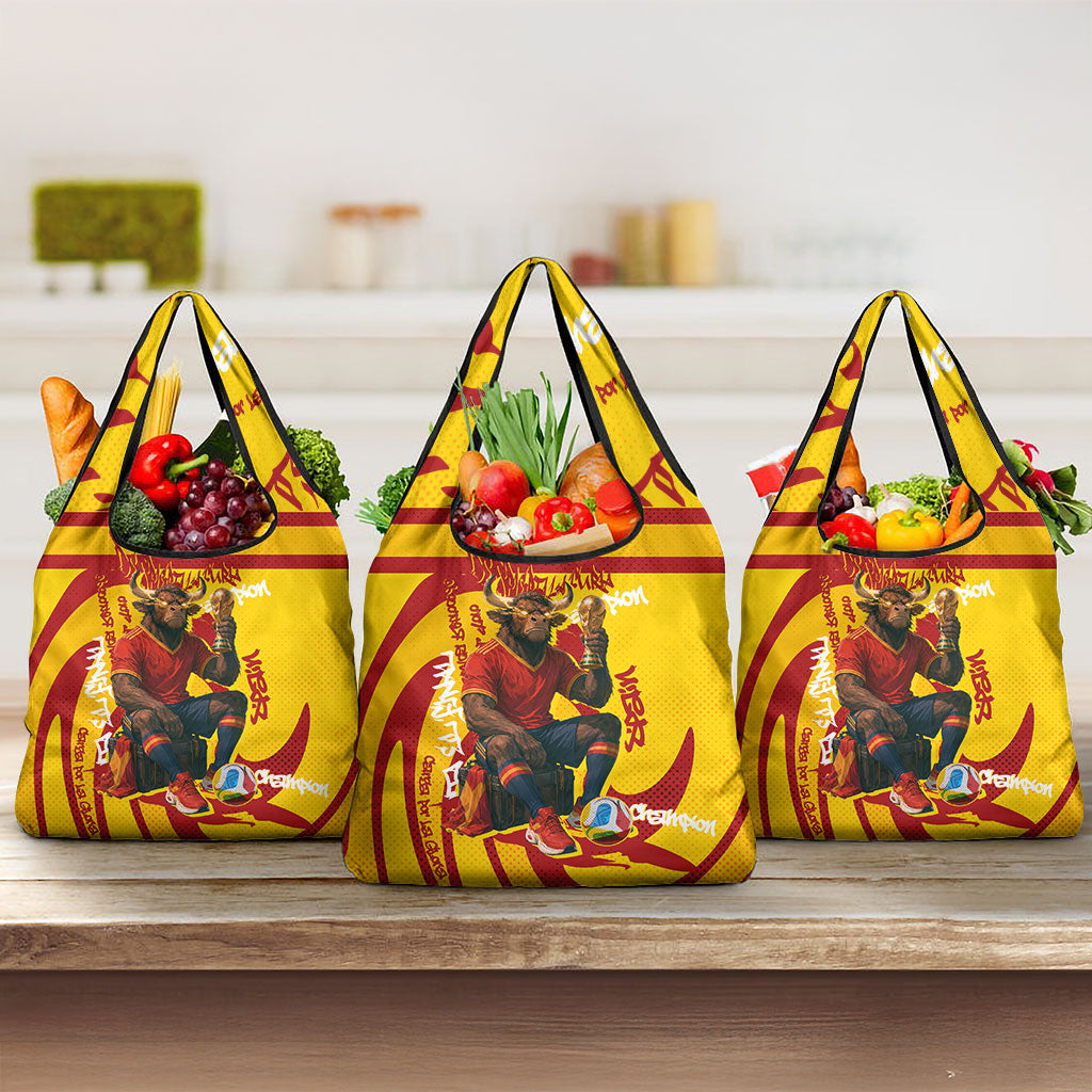 Spain Football Bull Mascot Grocery Bag Spanish Pride Champion Soccer Trophy Graffiti