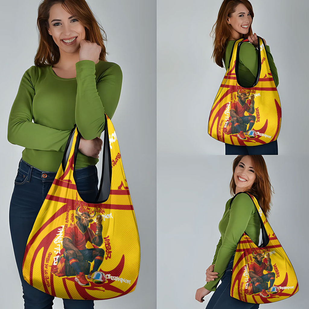 Spain Football Bull Mascot Grocery Bag Spanish Pride Champion Soccer Trophy Graffiti
