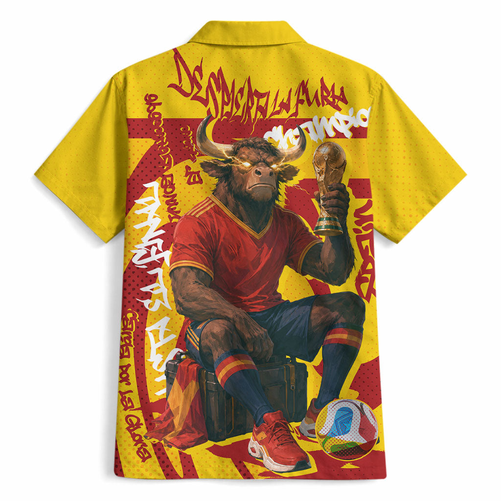 Spain Football Bull Mascot Hawaiian Shirt Spanish Pride Champion Soccer Trophy Graffiti