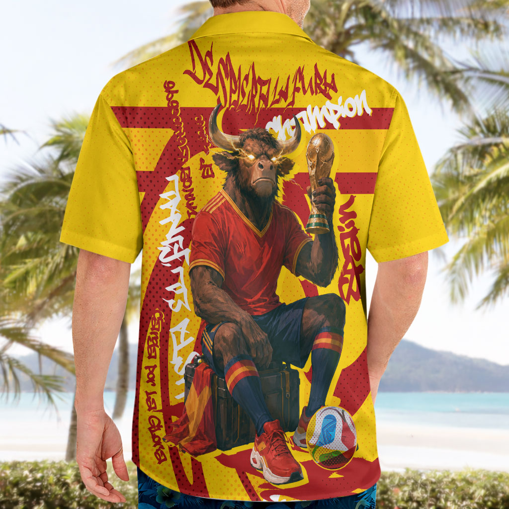 Spain Football Bull Mascot Hawaiian Shirt Spanish Pride Champion Soccer Trophy Graffiti