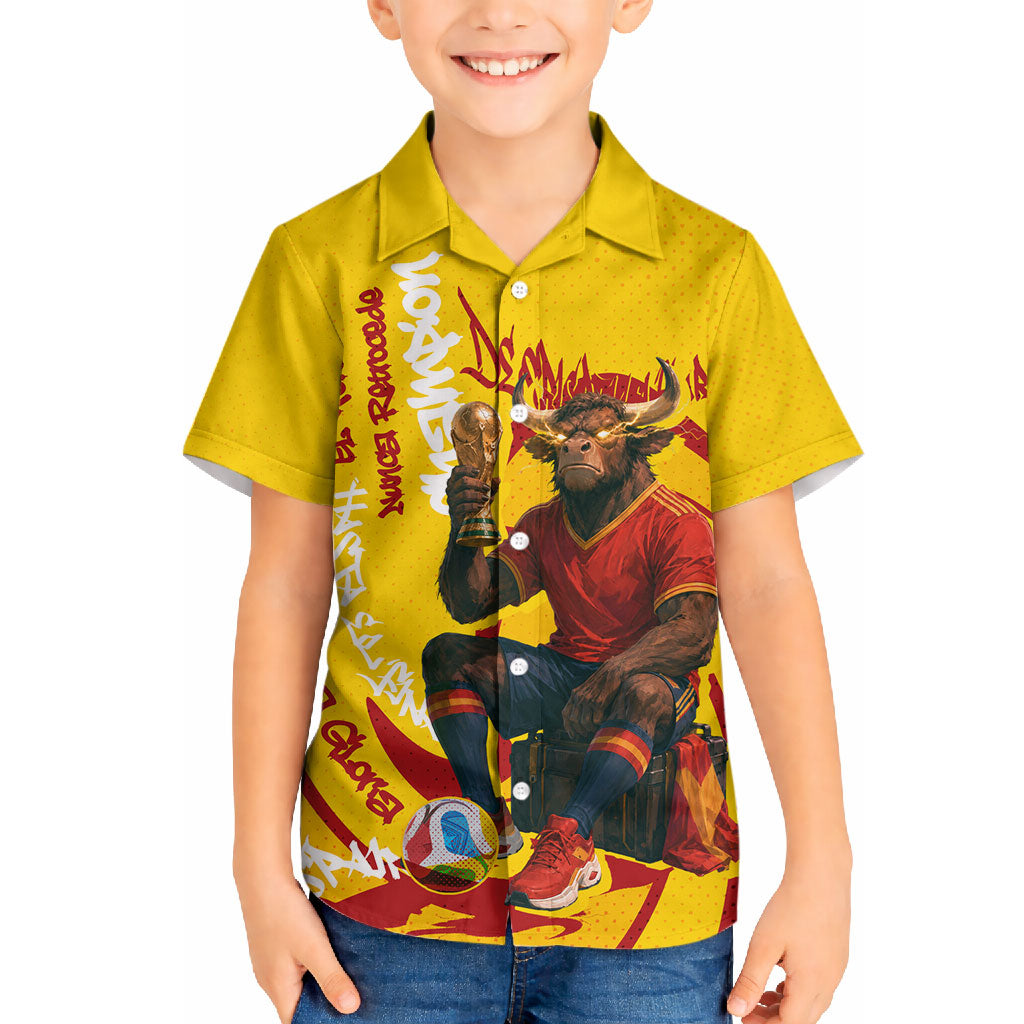 Spain Football Bull Mascot Hawaiian Shirt Spanish Pride Champion Soccer Trophy Graffiti