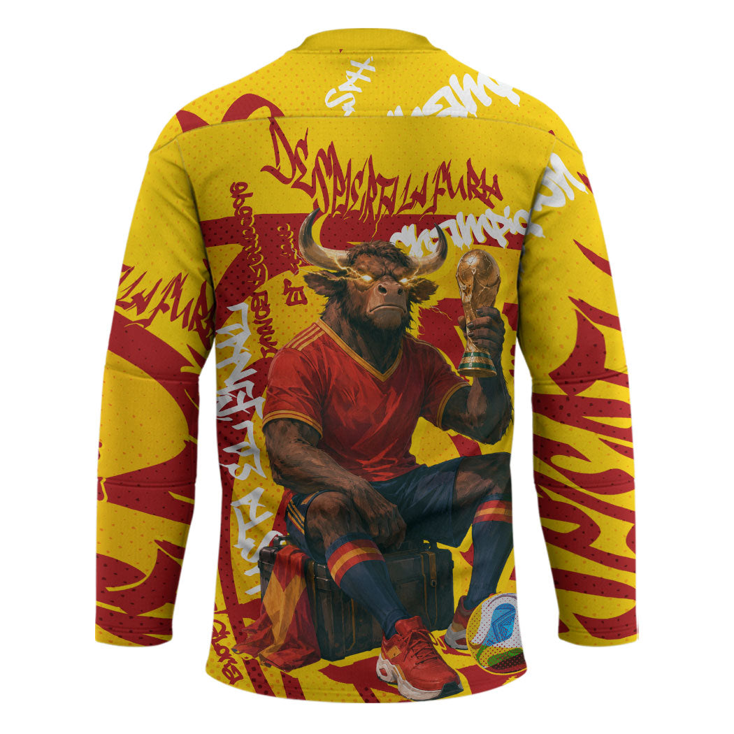 Spain Football Bull Mascot Hockey Jersey Spanish Pride Champion Soccer Trophy Graffiti