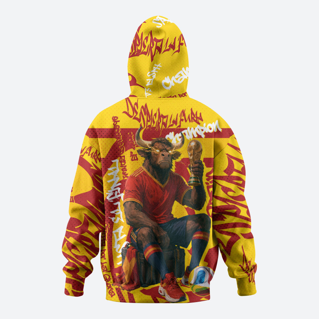 Spain Football Bull Mascot Hoodie Spanish Pride Champion Soccer Trophy Graffiti