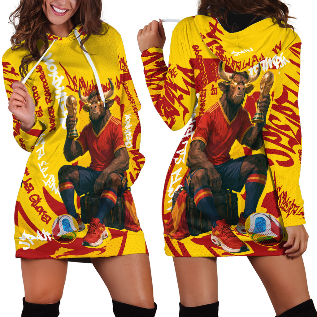 Spain Football Bull Mascot Hoodie Dress Spanish Pride Champion Soccer Trophy Graffiti