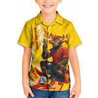 Spain Football Bull Mascot Kid Hawaiian Shirt Spanish Pride Champion Soccer Trophy Graffiti