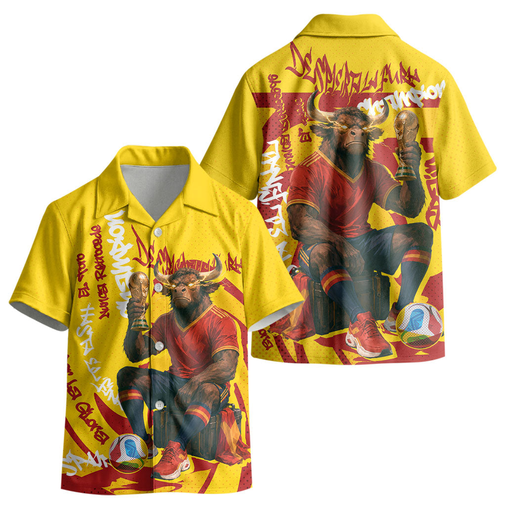Spain Football Bull Mascot Kid Hawaiian Shirt Spanish Pride Champion Soccer Trophy Graffiti