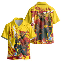 Spain Football Bull Mascot Kid Hawaiian Shirt Spanish Pride Champion Soccer Trophy Graffiti