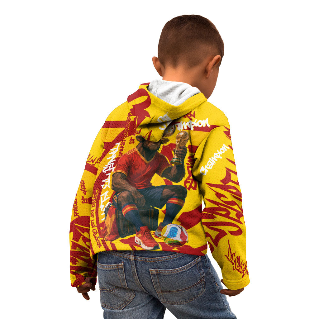 Spain Football Bull Mascot Kid Hoodie Spanish Pride Champion Soccer Trophy Graffiti