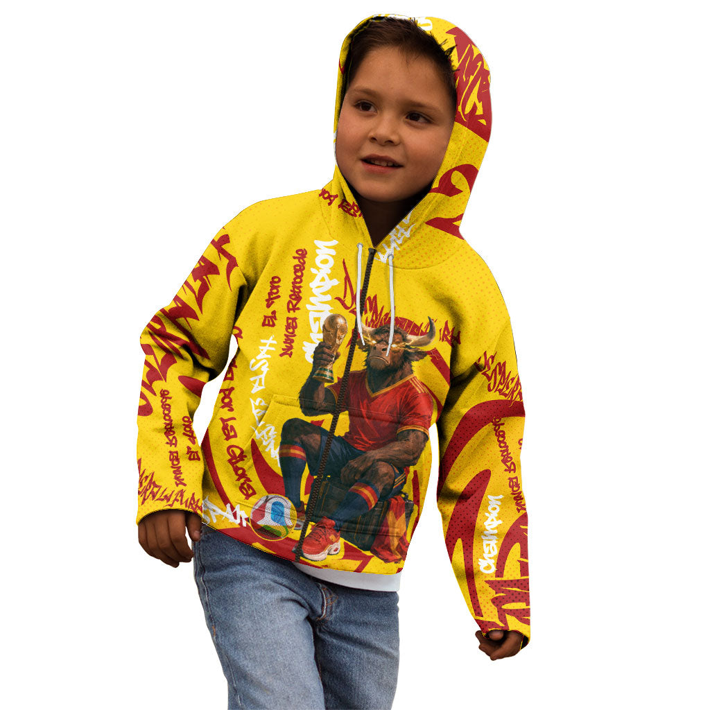 Spain Football Bull Mascot Kid Hoodie Spanish Pride Champion Soccer Trophy Graffiti