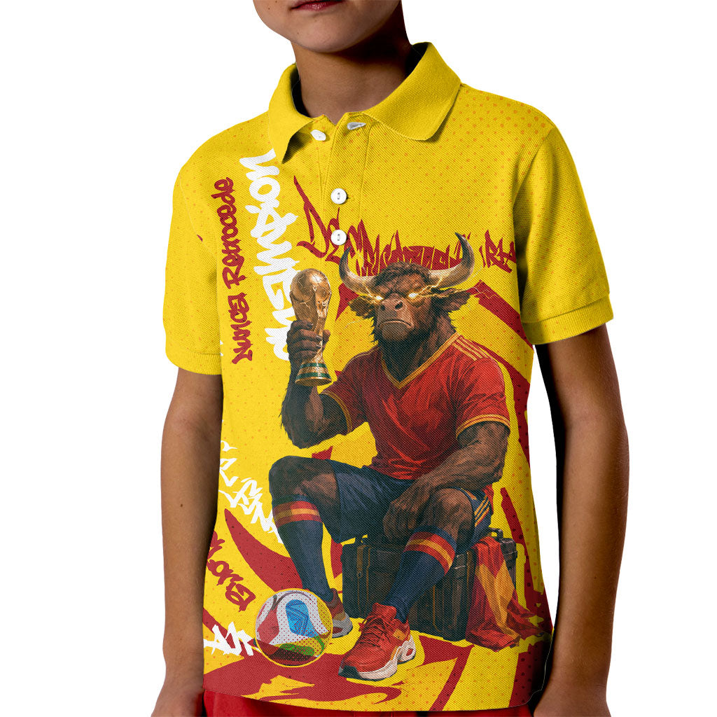 Spain Football Bull Mascot Kid Polo Shirt Spanish Pride Champion Soccer Trophy Graffiti