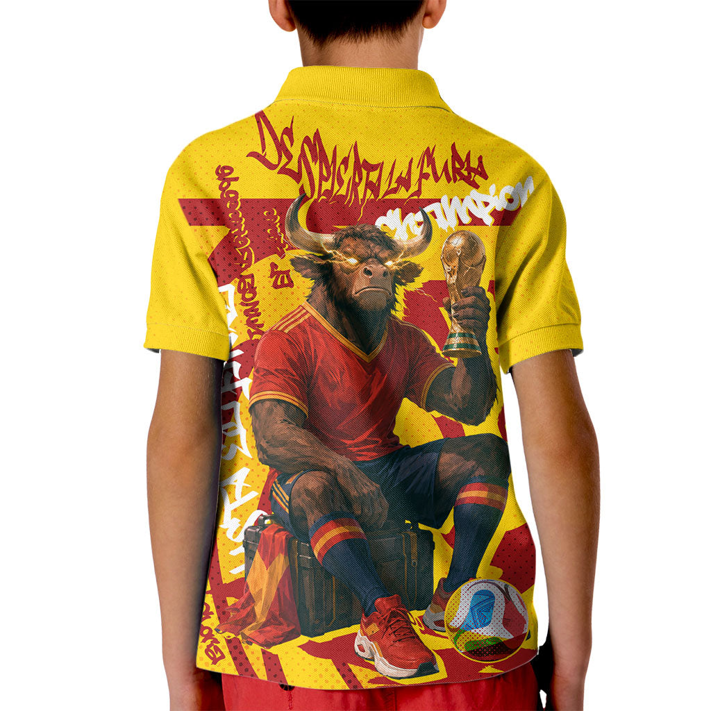 Spain Football Bull Mascot Kid Polo Shirt Spanish Pride Champion Soccer Trophy Graffiti