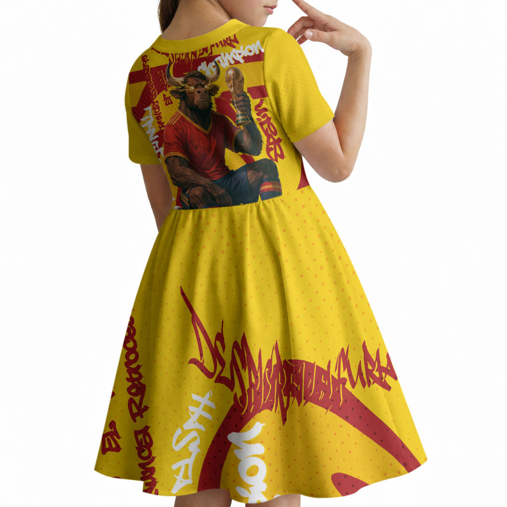 Spain Football Bull Mascot Kid Short Sleeve Dress Spanish Pride Champion Soccer Trophy Graffiti