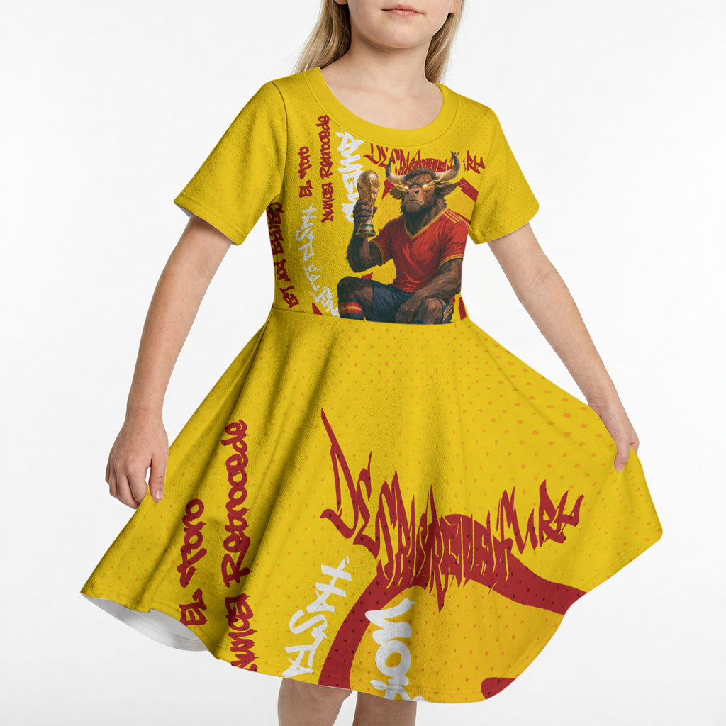 Spain Football Bull Mascot Kid Short Sleeve Dress Spanish Pride Champion Soccer Trophy Graffiti