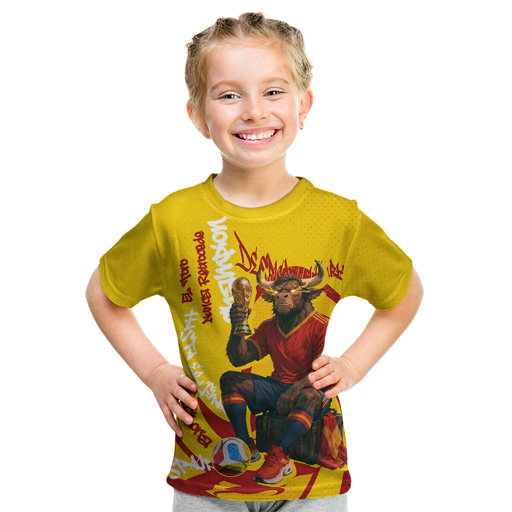 Spain Football Bull Mascot Kid T Shirt Spanish Pride Champion Soccer Trophy Graffiti